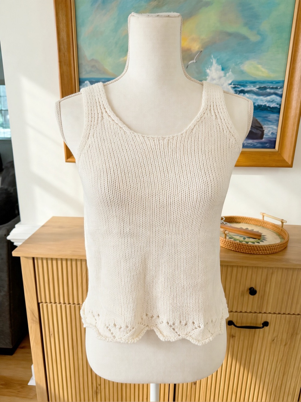 Cream Knit Crochet Tank Top